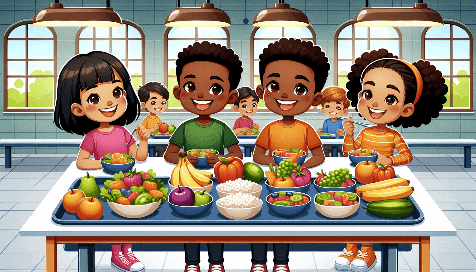 Children smiling while enjoying a colorful array of healthy lunch options, including fruits and salads, in a school cafeteria.