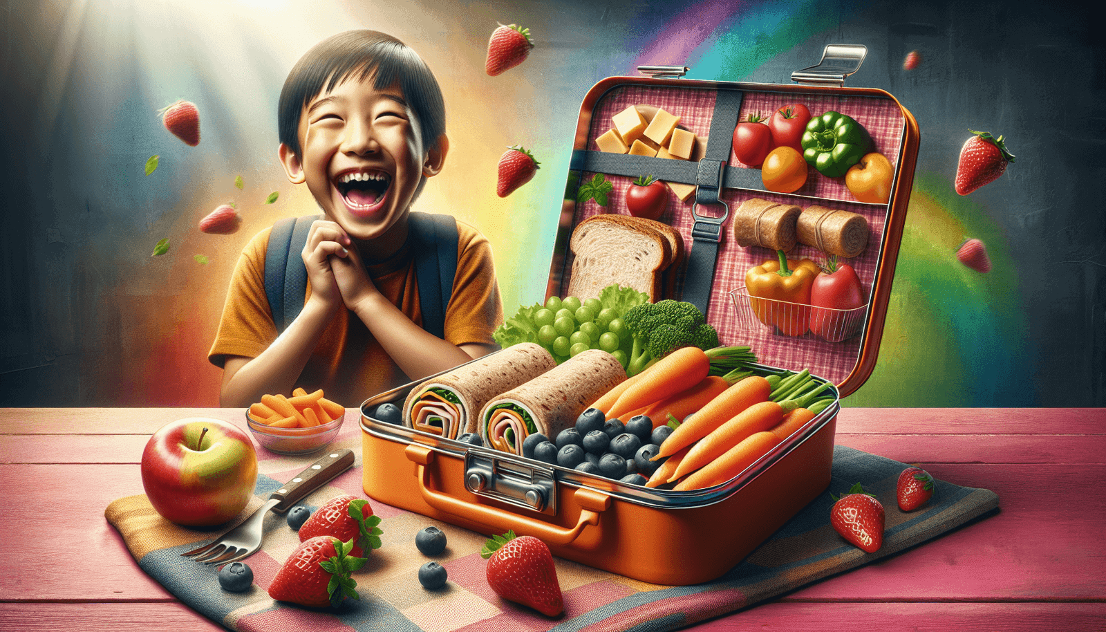 A joyful child with a lunchbox full of healthy foods like fruits, vegetables, wraps, and cheese, sits at a colorful table.