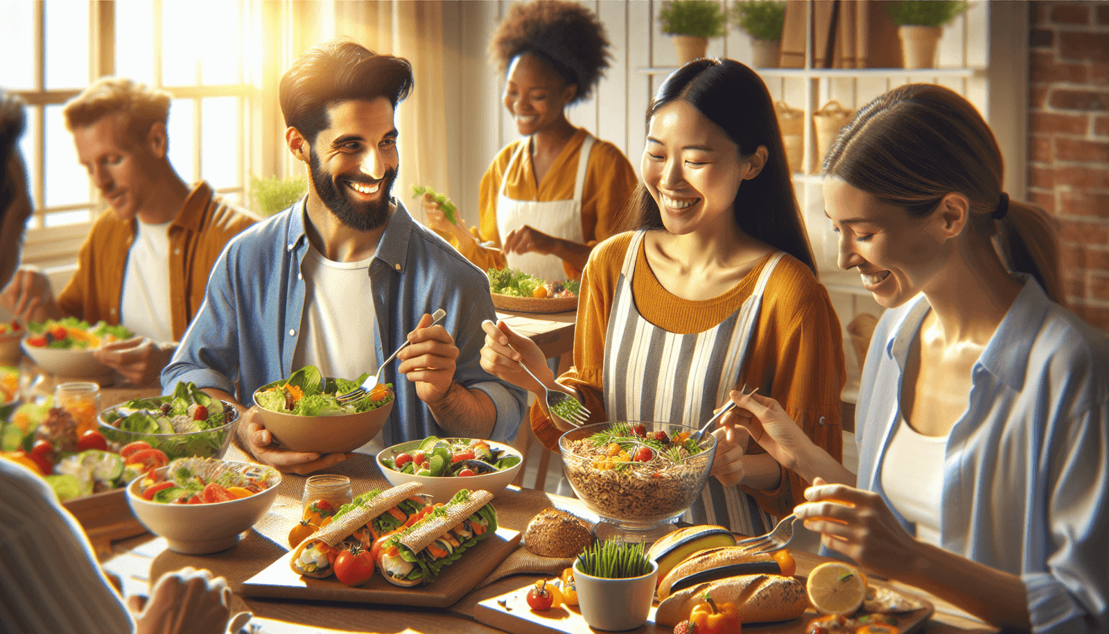 A group of six smiling friends enjoying a colorful, healthy meal together at a sunny table, sharing salads and sandwiches.