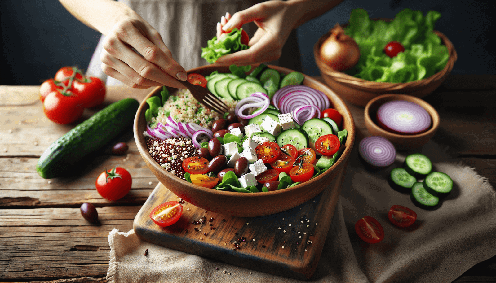 A person prepares a fresh vegetable salad with lettuce, tomatoes, cucumbers, red onions, olives, quinoa, and feta cheese in a wooden bowl.