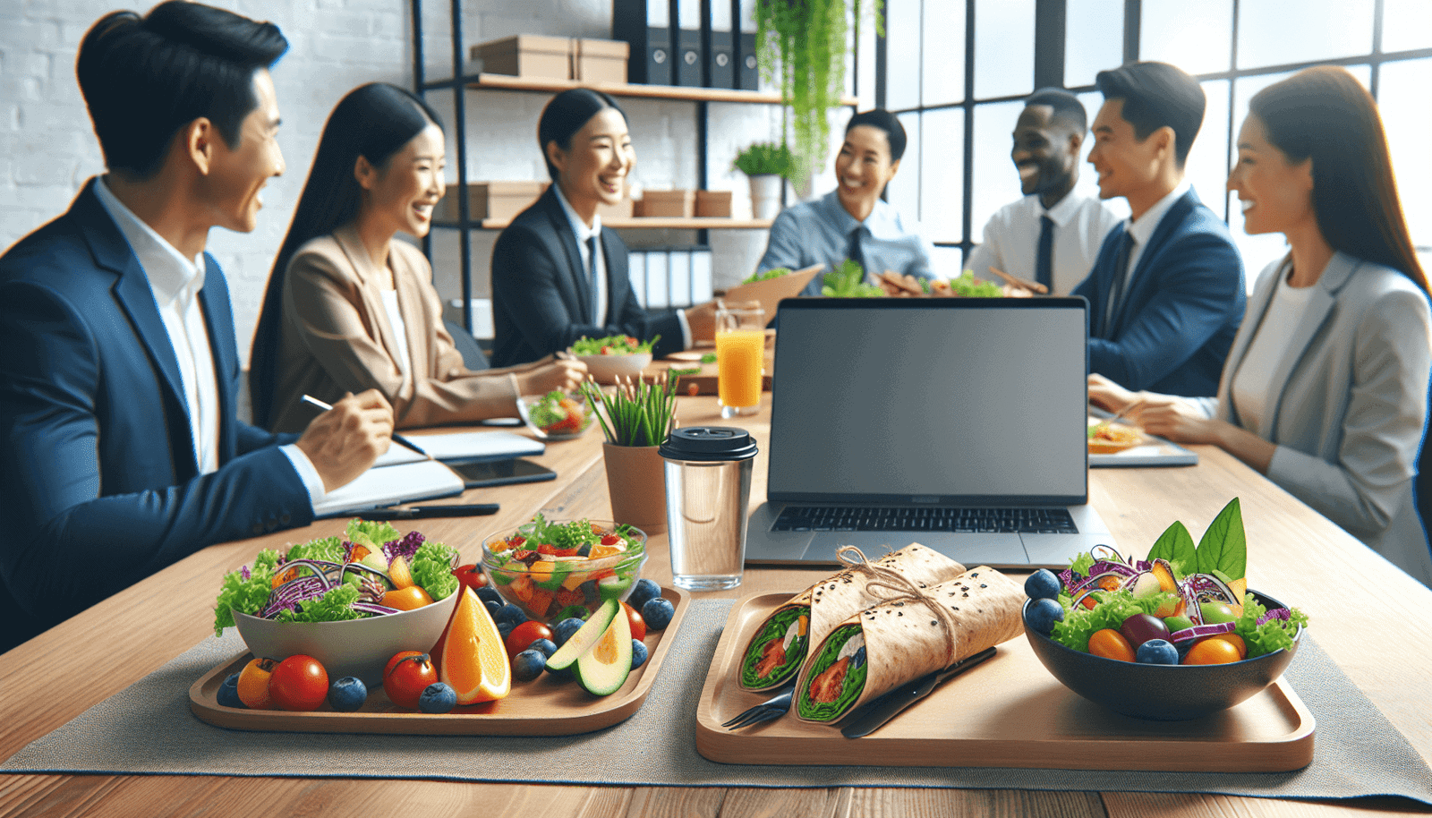 People in business attire enjoying a healthy meal during a meeting, with laptops and notebooks on the table.