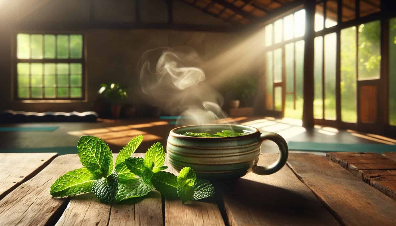 Steaming cup of mint coffee on a wooden table in a sunlit room, promoting the best coffee for weight loss.