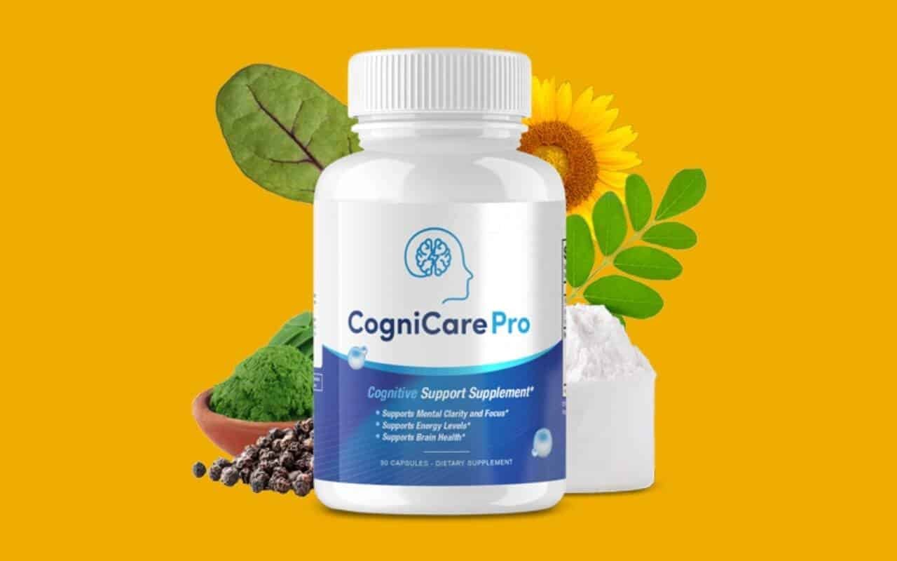 CogniCare Pro bottle with natural ingredients background, showcasing cognitive support supplement. Keywords: cognicare pro review.