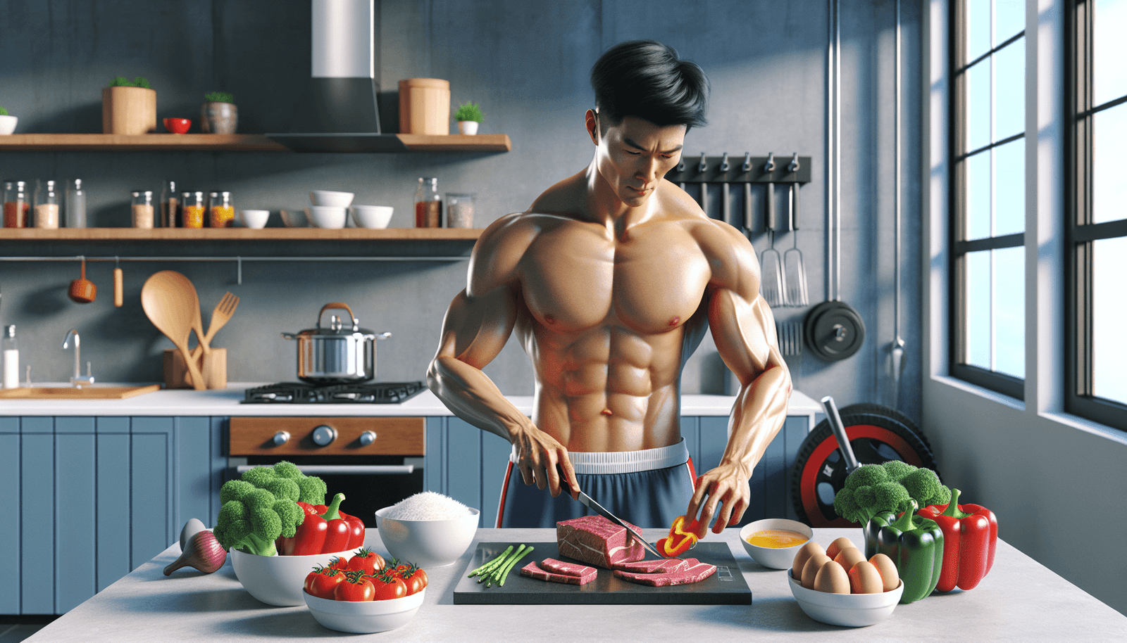 A muscular Asian male athlete stands confidently in a modern kitchen, preparing a nutritious meal. The counter is filled with red meat, white rice, eg