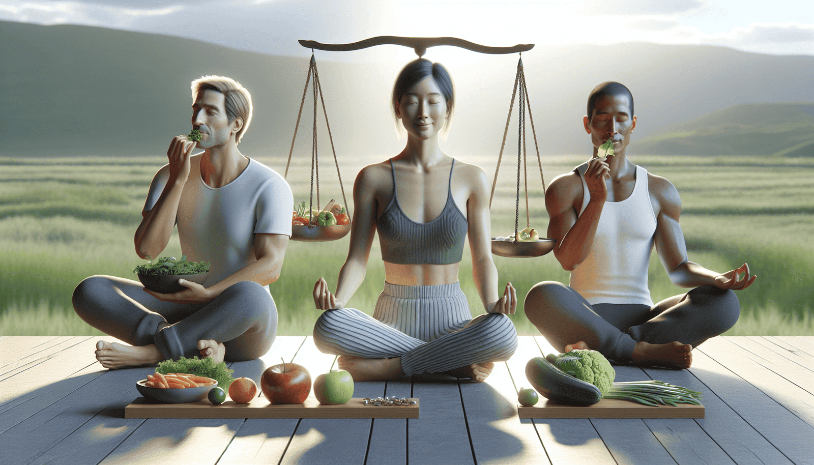 A tranquil 3D render depicting three diverse individuals enjoying healthy foods while practicing relaxation techniques. A Caucasian male is meditating