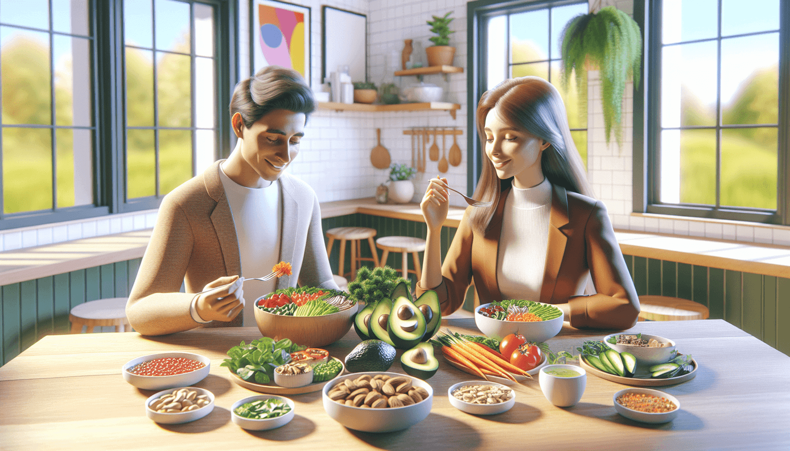 A vibrant 3D rendered image of a colorful and healthy meal arrangement featuring avocados, nuts, and leafy greens on a rustic wooden table. A Caucasia